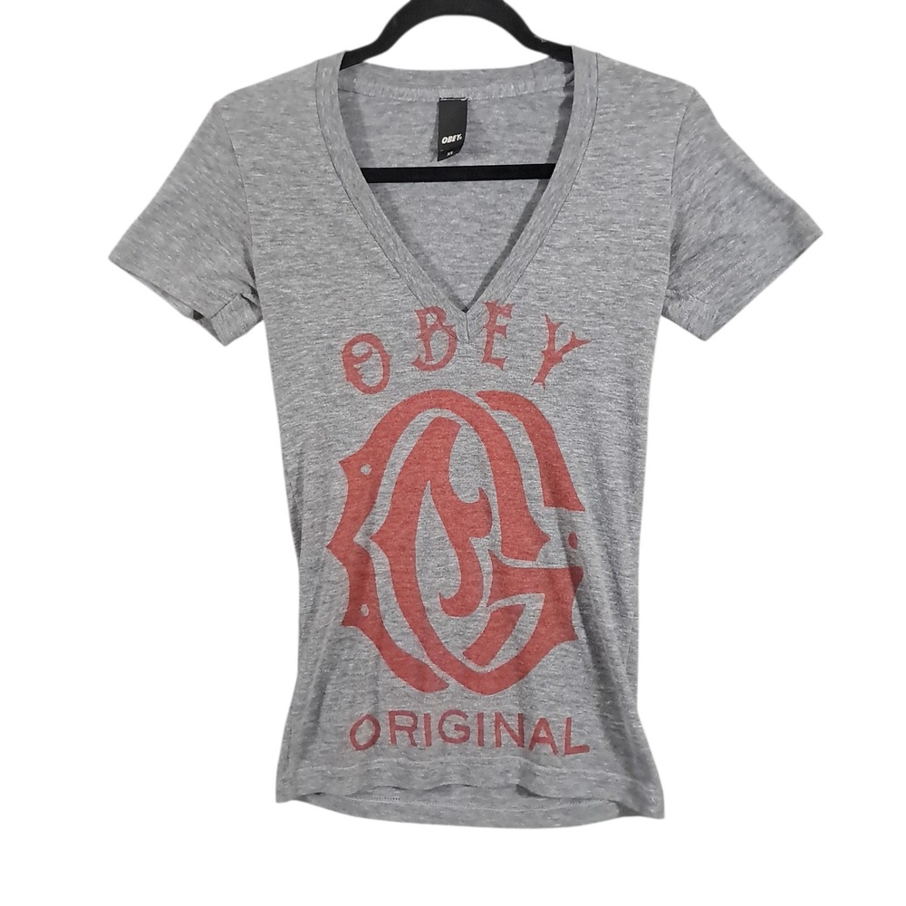 Obey Tee Womens Graphic V Neck Plunge T Shirt‎ XS Gray USA Y2K Grunge Fitted - Picture 2 of 10